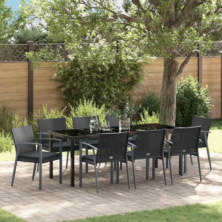 vidaXL Tuin Eettafel Set 9 st Zwart en Grijs PE Riet, Jardin & Terrasse, Ensembles de jardin, Envoi