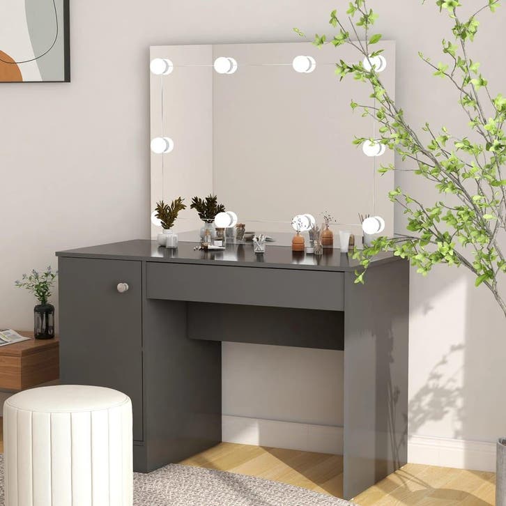vidaXL Kaptafel met LED-verlichting 110x55x145 cm MDF grijs, Maison & Meubles, Tables | Coiffeuses, Envoi