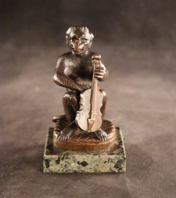 Antiek bronzen beeldje - Sculpture, Muziek makende aap -