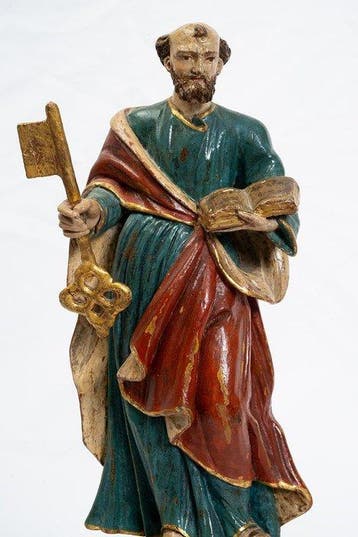 sculptuur, Coppia di sculture antiche in legno policromo