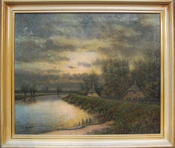 Gien Brouwer (1944) - Boerderijen achter de dijk, Antiek en Kunst, Kunst | Schilderijen | Klassiek