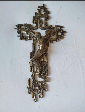 Mid-century modern Crucifix - Verguld messing, Verguld brons, Antiek en Kunst