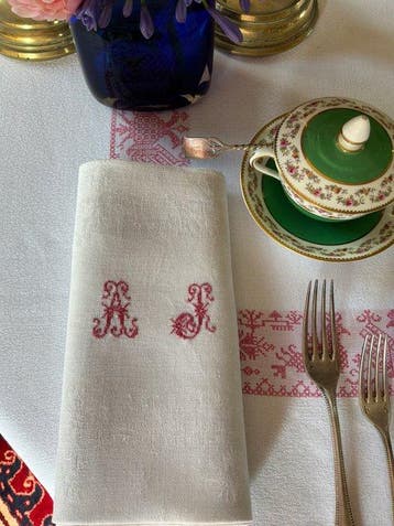 6 vroege XXe eeuw linnen damast servetten met