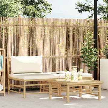 vidaXL 3-delige Loungeset met crèmewitte kussens bamboe, Verzenden, Nieuw