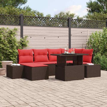 vidaXL Tuinbank Set 7 st Bruin en Rood poly rattan, Verzenden, Nieuw