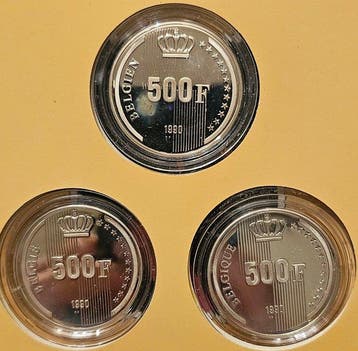 België. 3 × 500 Francs Silver Proof Set – 60th Birthday King
