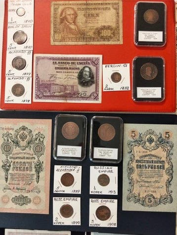 Wereld. World collection coins lot with silver and banknotes