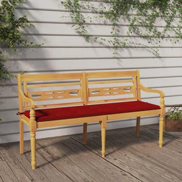 vidaXL Bankje Batavia met rood kussen 150 cm massief, Tuin en Terras, Verzenden, Nieuw