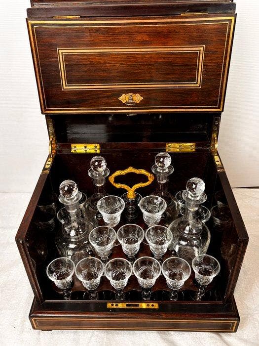 Cave à liqueur Napoleon III - Drankkast - Mahonie, Kristal,, Antiquités & Art, Antiquités | Autres Antiquités