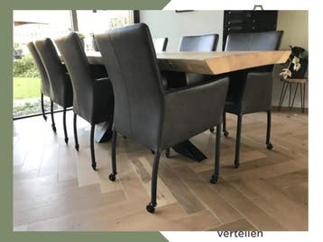 Set van 8 leren eetkamerstoelen - met wieltjes en, Ophalen of Verzenden, Nieuw, Eén