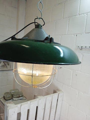 Plafondlamp - Vintage industriële emaille hanglamp - Metaal,, Antiek en Kunst