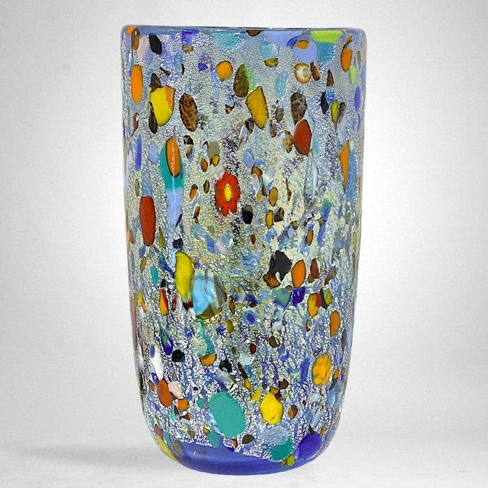 Filippo Maso - Vaas - Blauwe vaas met zilveren folie,, Antiek en Kunst, Antiek | Glaswerk en Kristal