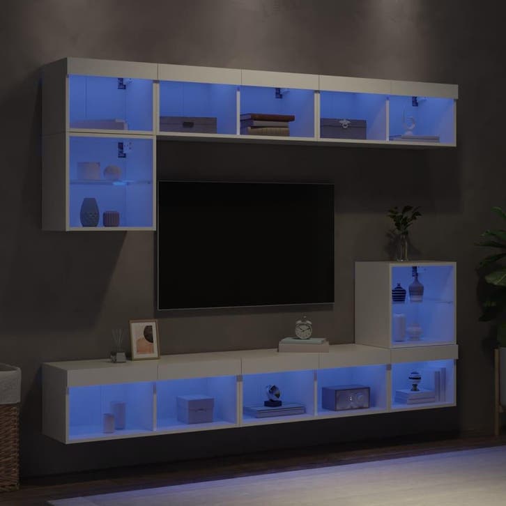 vidaXL 8-delige Tv-wandmeubelset met LED-verlichting bewerkt, Huis en Inrichting, Kasten |Televisiemeubels, Nieuw, Verzenden