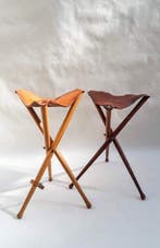 Tabouret - Hêtre, Cuir - Deux tabourets pliants suédois des