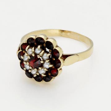 Ring - 14 karaat Geel goud - Granaat - Parel, Handtassen en Accessoires, Ringen, Nieuw