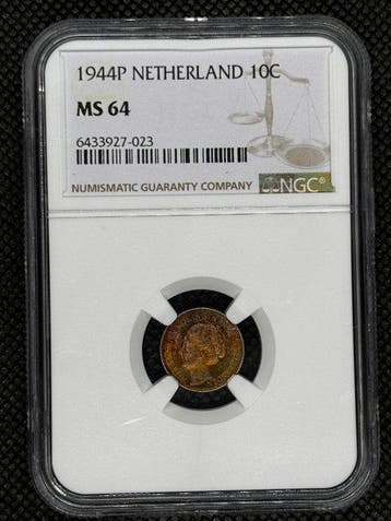 Nederland. Wilhelmina. 10 Cents 1944(P) NGC MC64 (Zonder