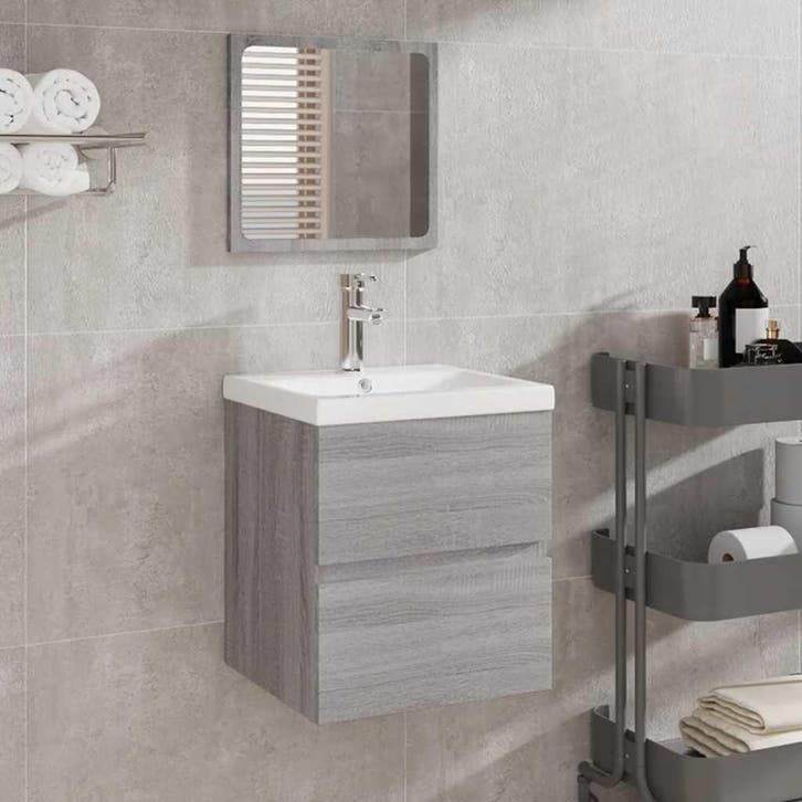 vidaXL Badkamerkast met spiegel bewerkt hout grijs sonoma, Huis en Inrichting, Badkamer | Badkamermeubels, Nieuw, Verzenden