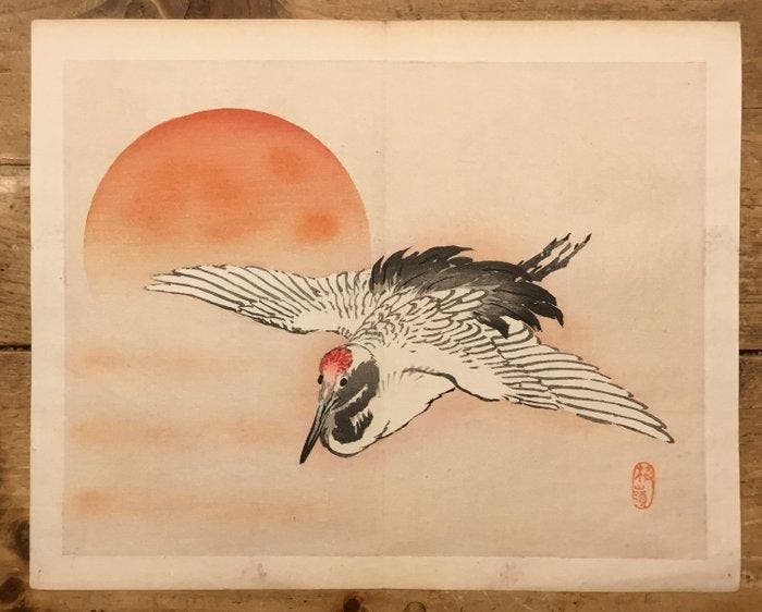 Antieke Japanse houtblok prent van een kraanvogel bij, Antiek en Kunst, Antiek | Overige Antiek