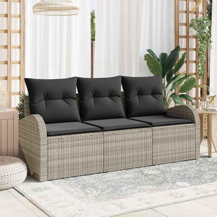 vidaXL Tuinbank Set met kussen 3 pcs Lichtgrijs Poly rattan, Tuin en Terras, Tuinsets en Loungesets, Nieuw, Verzenden