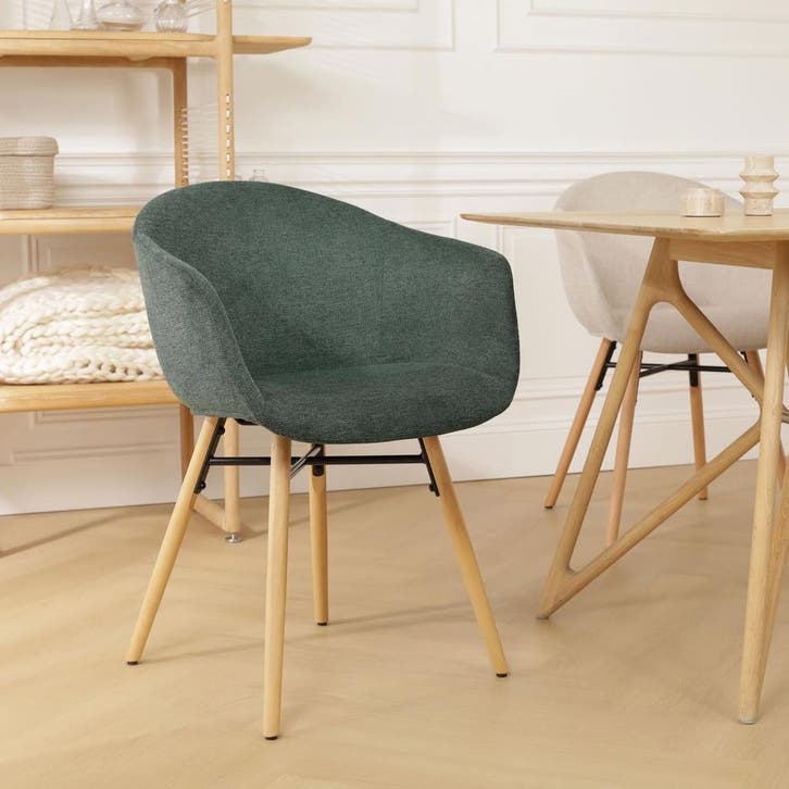 Donkergroene eetkamerstoel | Armzitting | Houten onderstel, Huis en Inrichting, Stoelen, Overige kleuren, Eén, Nieuw, Stof, Verzenden