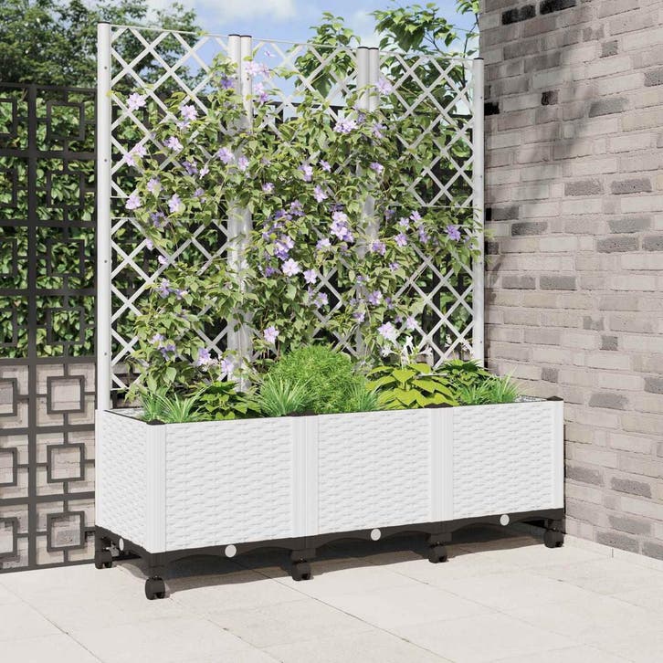 vidaXL Tuinsteker met schutting en wielen Wit 120 x 40 x 146, Tuin en Terras, Bloempotten, Nieuw, Verzenden