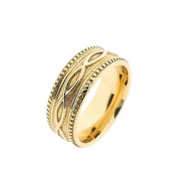 Gouden heren pinkring met patroon, Gebruikt, Heer, Ophalen of Verzenden, 17 tot 18