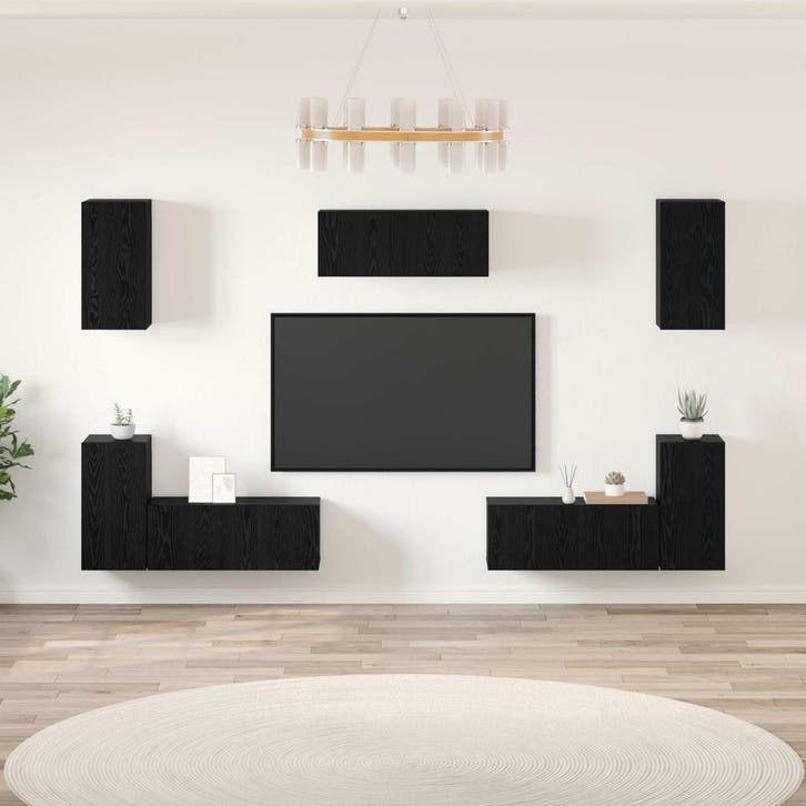 vidaXL Tv-meubelset 7 st Zwart Eiken Bewerkt hout, Huis en Inrichting, Kasten |Televisiemeubels, Nieuw, Verzenden