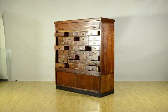 Ladekast - Eik - 32 laden met tambourdeur – Industriële, Antiek en Kunst, Antiek | Wandborden en Tegels