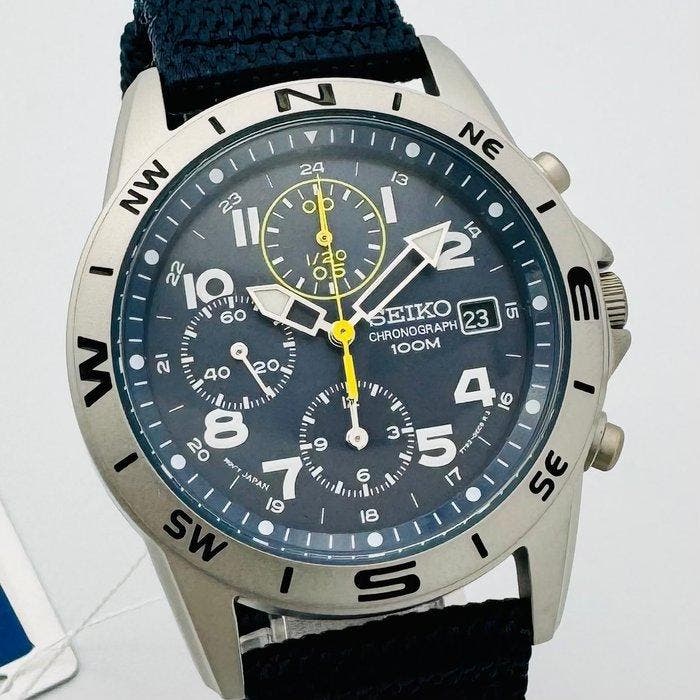 Seiko - Chronograph Military Dark Blue and Yellow and White, Handtassen en Accessoires, Horloges | Antiek