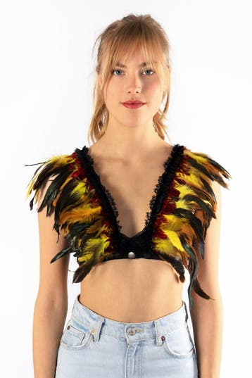 KIMU® Top met Veren Geel Rood XS S M Verentop Steampunk Topj, Ophalen of Verzenden, Nieuw