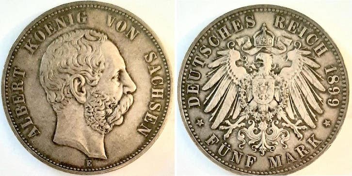Duitsland 5 Mark Albert Sachsen 1899 E J 125 Albert zilver, Postzegels en Munten, Munten | Europa | Niet-Euromunten, België, Verzenden