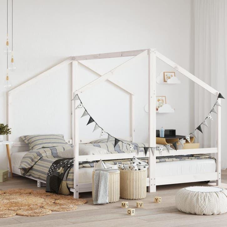 vidaXL Kinderbedframe 2x(90x190) cm massief grenenhout wit, Kinderen en Baby's, Kinderkamer | Bedden, Nieuw, Verzenden