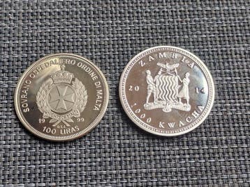Malta, Zambia. 100 Liras, 1000 Kwatcha 1999/2014, 2 x Coins