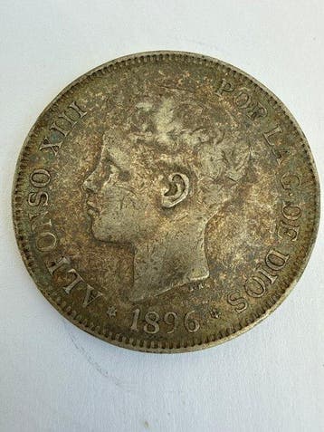 Spanje. Alfonso XIII. 5 Pesetas 1896 *96 PGV (Zonder