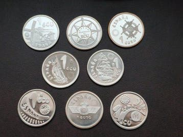 Spanje. 1 ECU, 1 Euro 1989/1997, 8 monedas de Plata .925