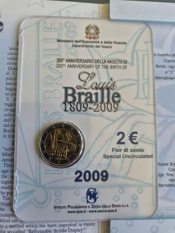 Italië. 2 Euro 2009/2010 Louis Braille + Cavour (2, Postzegels en Munten