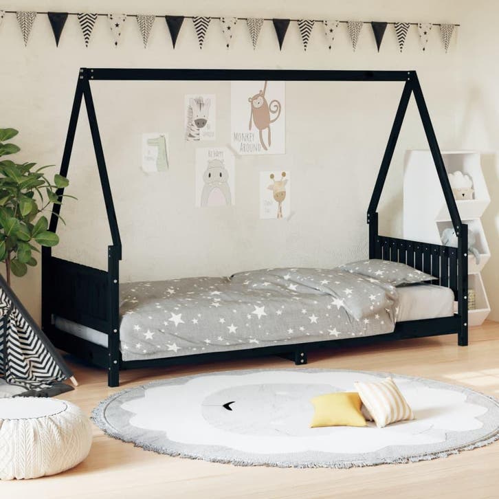 vidaXL Kinderbedframe 80x200 cm massief grenenhout zwart, Enfants & Bébés, Chambre d'enfant | Lits, Envoi