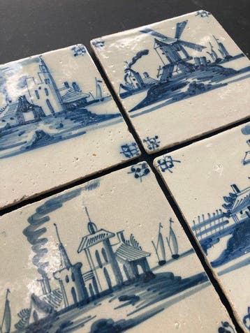 Tegel - Antieke Delfts blauwe tegels met kastelen en een, Antiek en Kunst