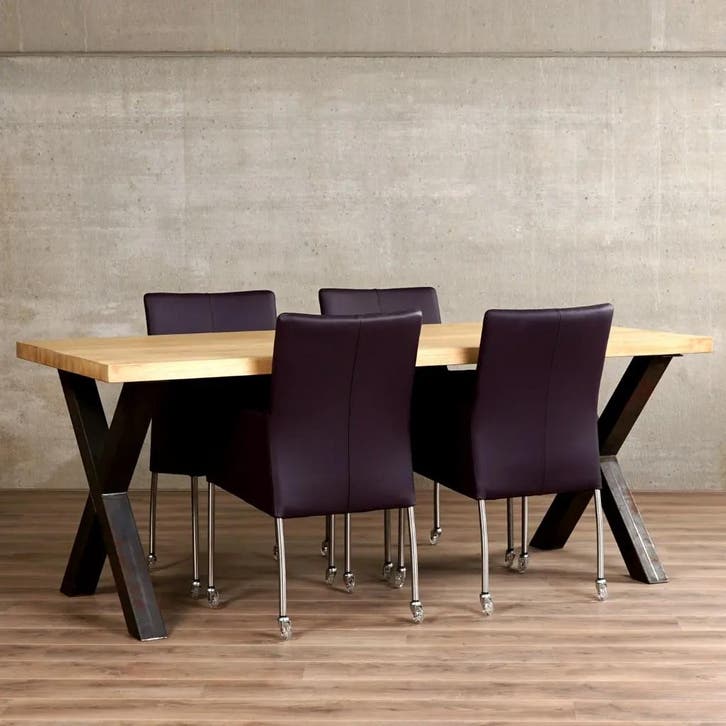 Set van 4 paarse leren eetkamerstoelen - met wieltjes en, Maison & Meubles, Chaises, Enlèvement ou Envoi