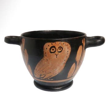 Oud-Grieks, Apuliaans Terracotta Roodfigurig uil-skyphos, Antiek en Kunst