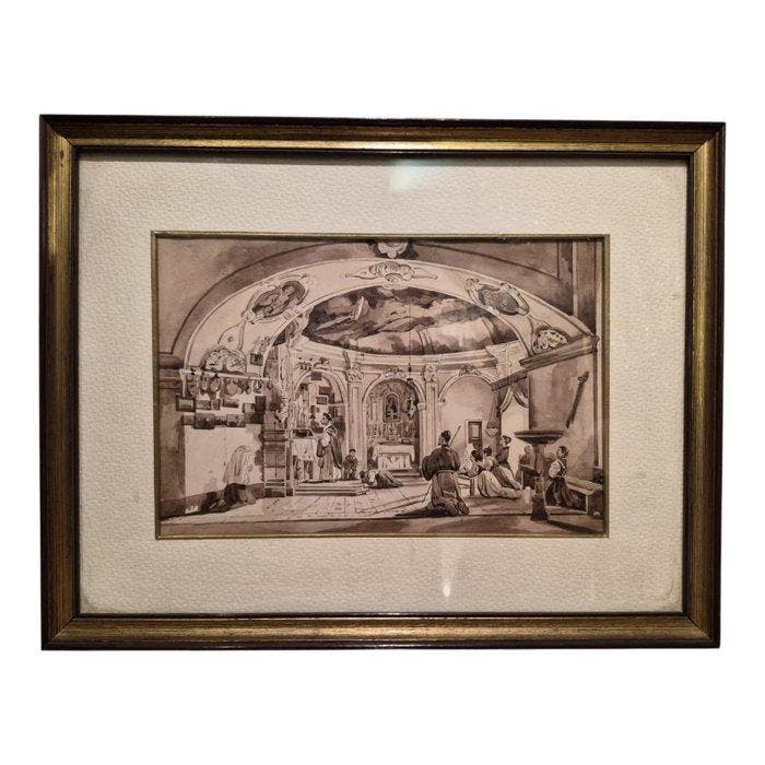 Achille Vianelli (1803-1894) - Interno di chiesa con fedeli, Antiquités & Art, Art | Peinture | Classique