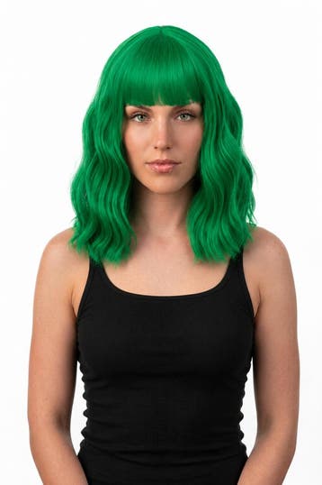 KIMU® Luxe Groen Pruik Schouderlengte Rechte Pony Krullen Do, Ophalen of Verzenden