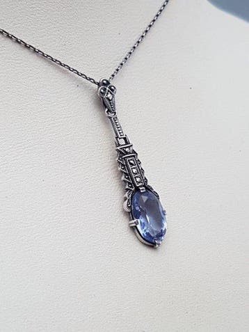 Zilver, Art Deco - Ketting met hanger - + Markasieten.