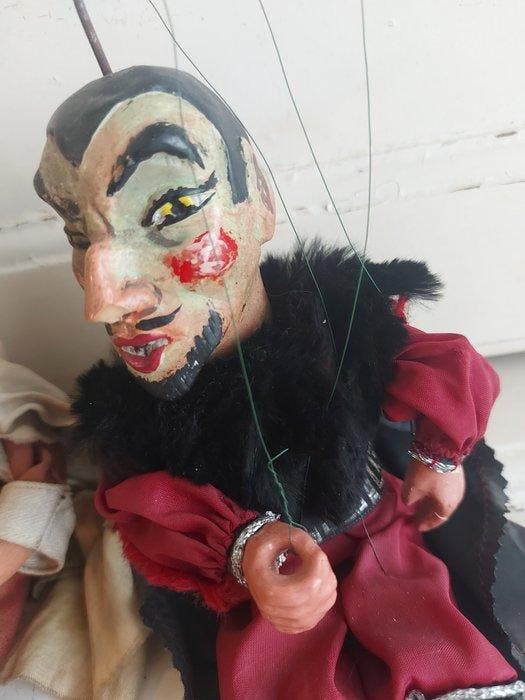 Figuur - 2 antieke marionette poppen , Duivel en Monster (2), Antiek en Kunst, Antiek | Speelgoed