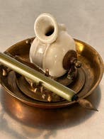 Antique Brass & Rotating Porcelain Inkwell Desk Set with Dip