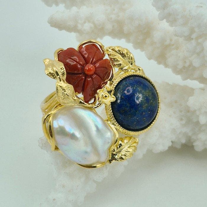 Koraal - Zilver, Verguld - Ring - CORALLO MEDITERRANEO, Antiek en Kunst, Curiosa en Brocante