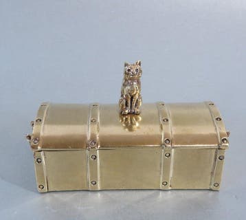 Kist met kat/poes (postzegeldoos) - Boîte - Laiton