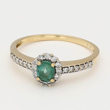 Bague - 18 carats Or jaune Émeraude - Diamant, Nieuw