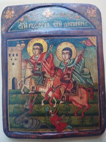 Icoon - Sint Joris die de draak verslaat en Sint Demetrius, Antiek en Kunst