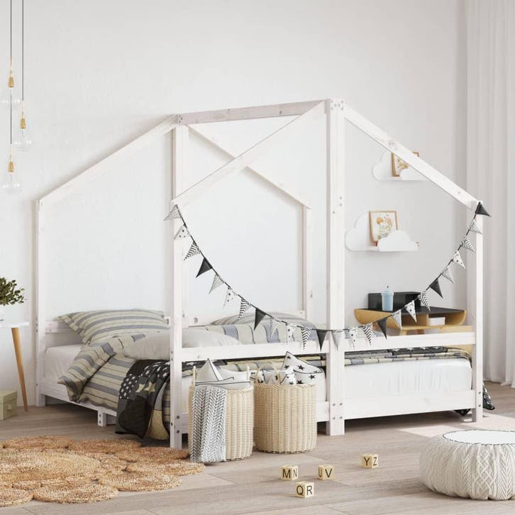 vidaXL Kinderbedframe 2x(80x160) cm massief grenenhout wit, Kinderen en Baby's, Kinderkamer | Bedden, Nieuw, Verzenden